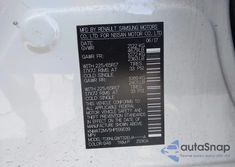 2017 Nissan Rogue Sv z USA, uszkodzony, nr VIN KNMAT2MV5HP599039